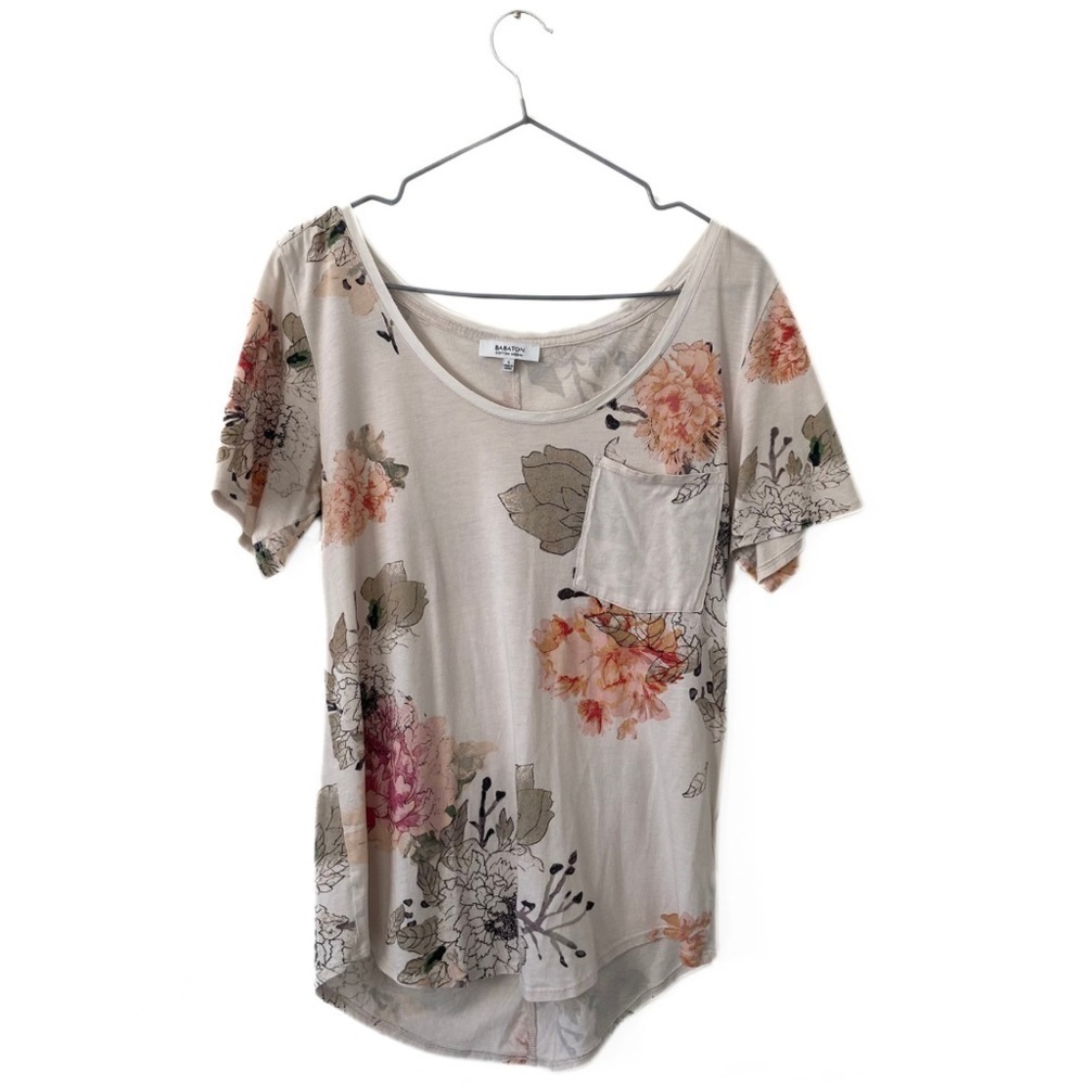 Babaton | Aritzia Pink/Cream Floral Flowy Scoop-Neck T-Shirt Size Small